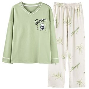 New Cotton Women Pajama Set Long Sleeve Pullover Top Long PJ Pants L XL XXL